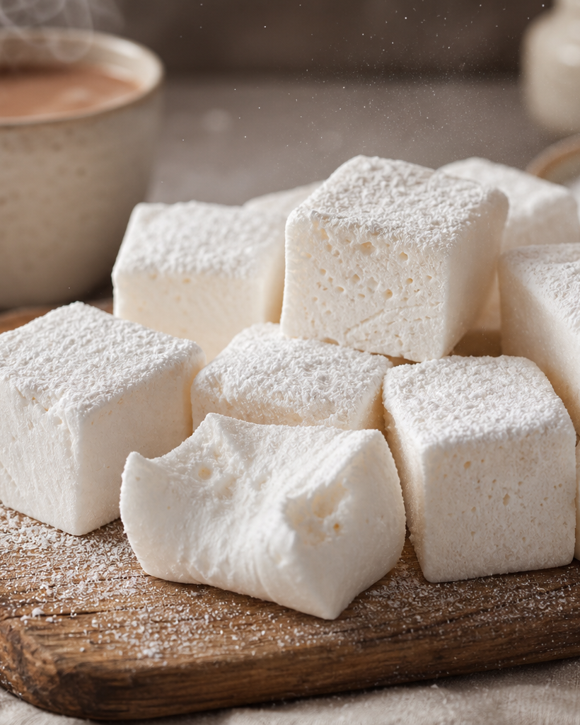 Chamallows cétogènes maison coupés en cubes, saupoudrés d'édulcorant, sur une planche en bois.