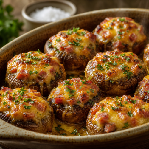 Champignons farcis au jambon et cheddar gratinés, dorés au four et parsemés de persil frais