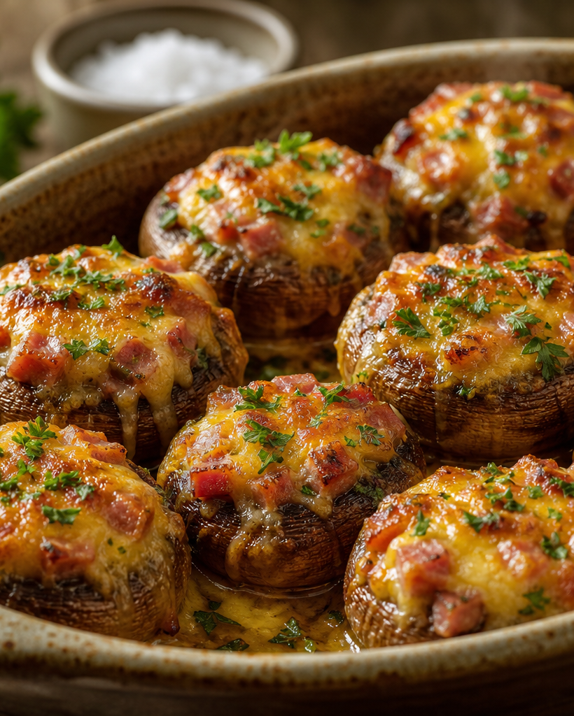 Champignons farcis au jambon et cheddar gratinés, dorés au four et parsemés de persil frais