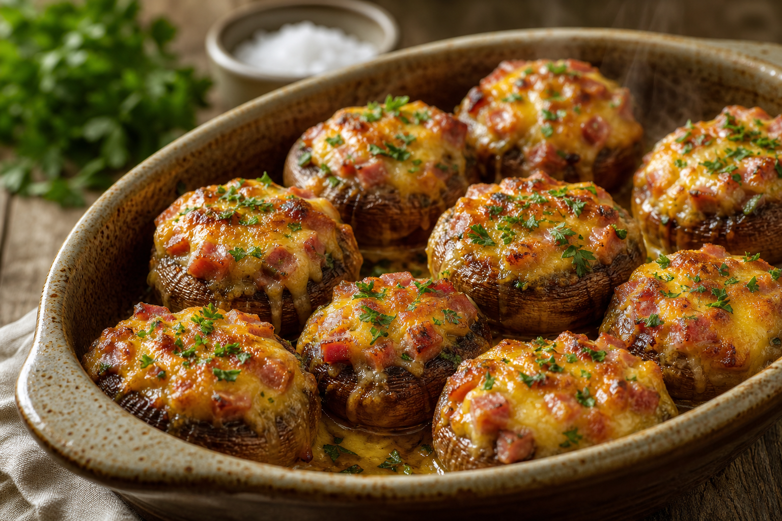 Champignons farcis au jambon et cheddar gratinés, dorés au four et parsemés de persil frais