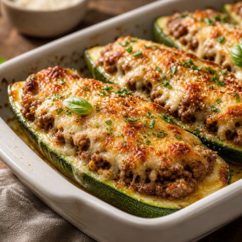 Courgettes farcies à la viande et au fromage gratiné, présentées dans un plat à gratin, prêtes à être dégustées.