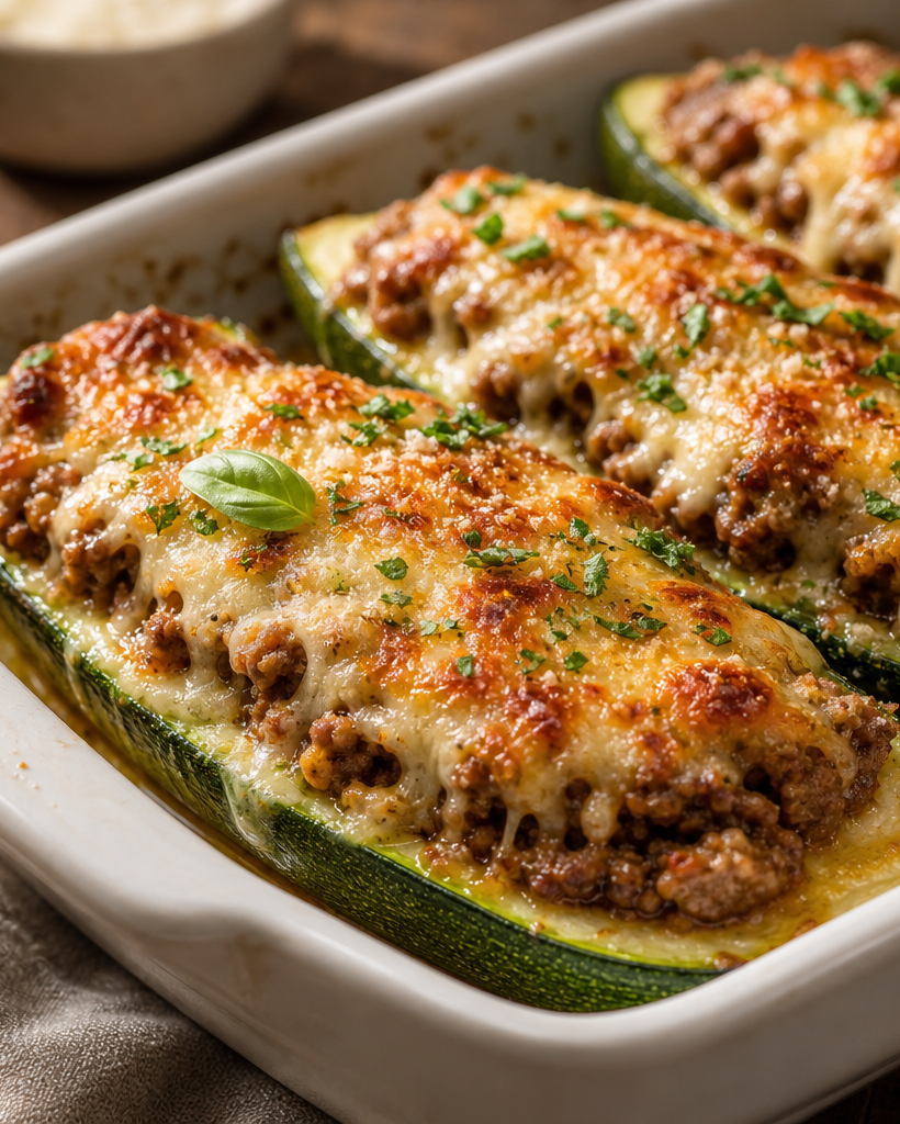 Courgettes farcies à la viande et au fromage gratiné, présentées dans un plat à gratin, prêtes à être dégustées.
