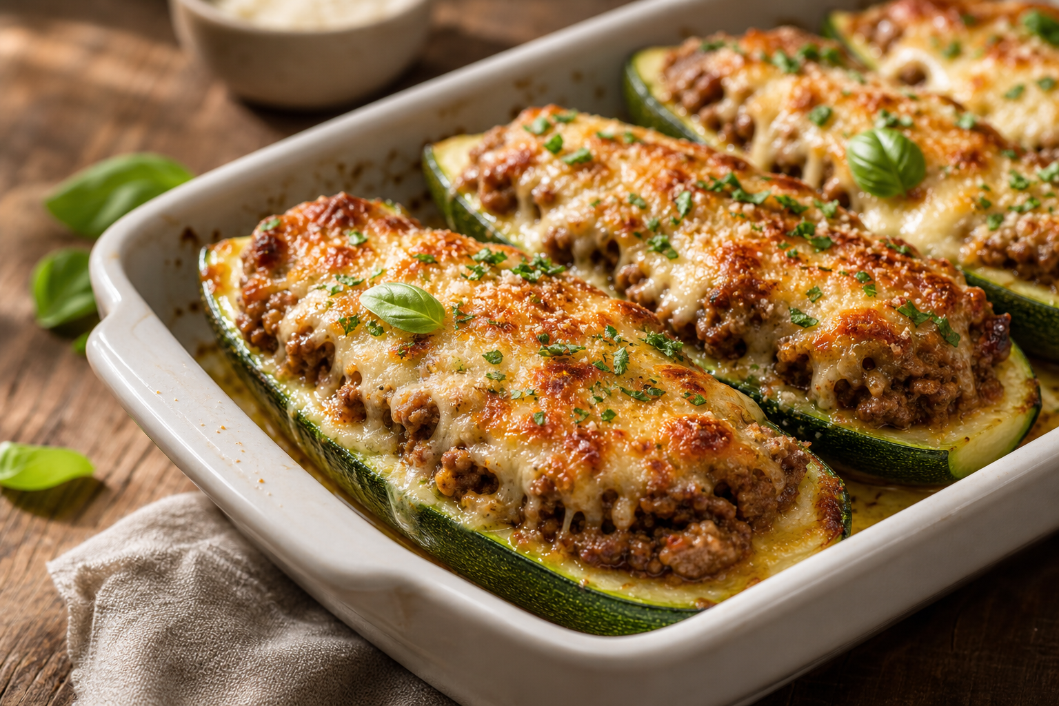 Courgettes farcies à la viande et au fromage gratiné, présentées dans un plat à gratin, prêtes à être dégustées.