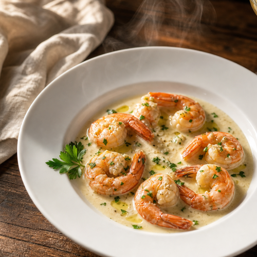 Crevettes roses sautées dans une sauce crémeuse à l'ail et au persil, servies dans une assiette blanche