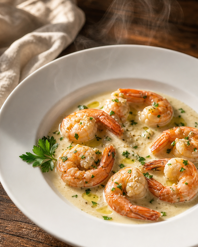 Crevettes roses sautées dans une sauce crémeuse à l'ail et au persil, servies dans une assiette blanche