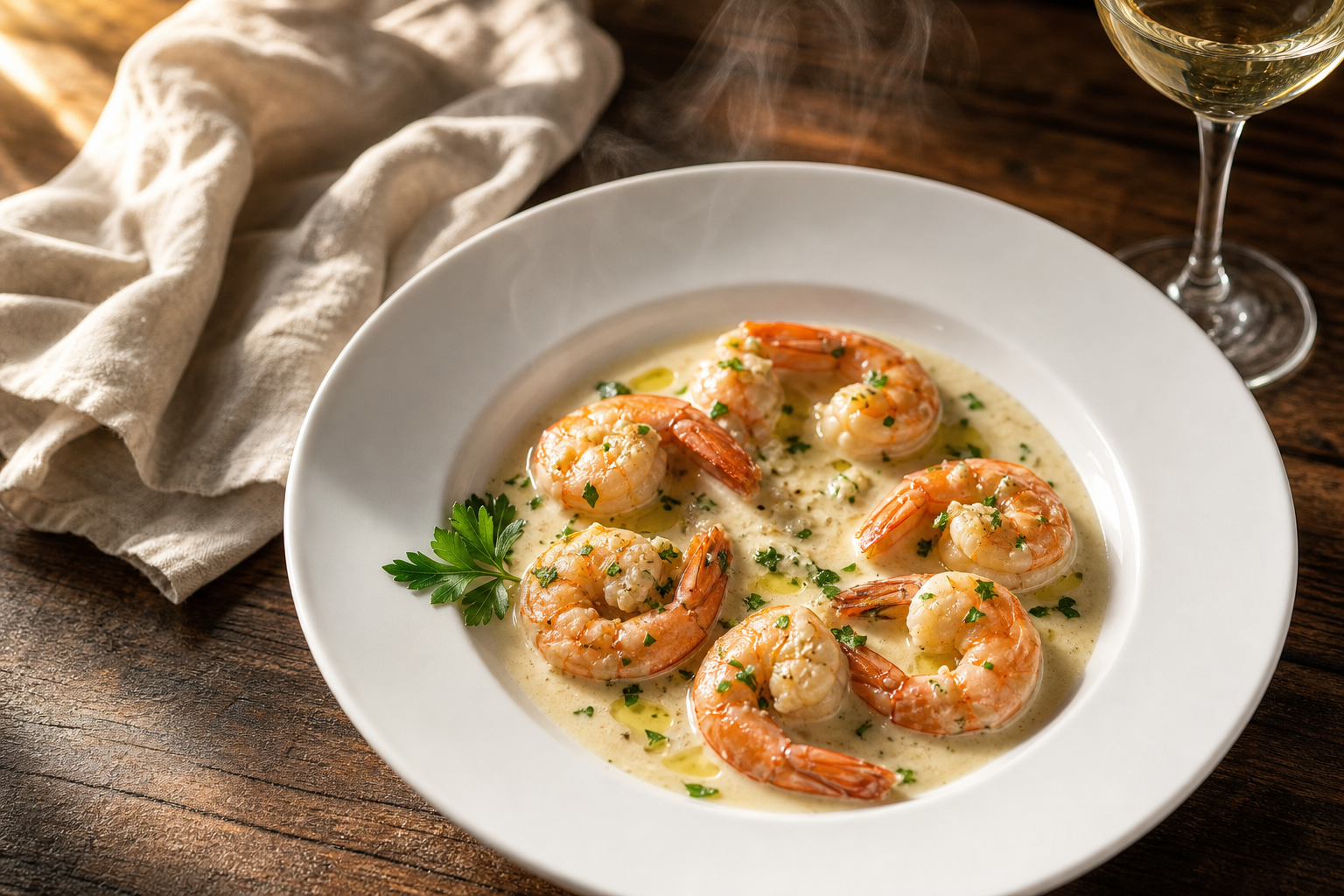 Crevettes roses sautées dans une sauce crémeuse à l'ail et au persil, servies dans une assiette blanche