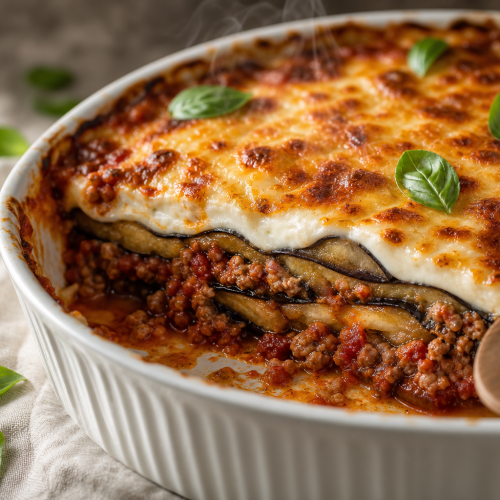 Moussaka cétogène avec couches d'aubergines, sauce tomate et béchamel gratinée au fromage, dans un plat à gratin.