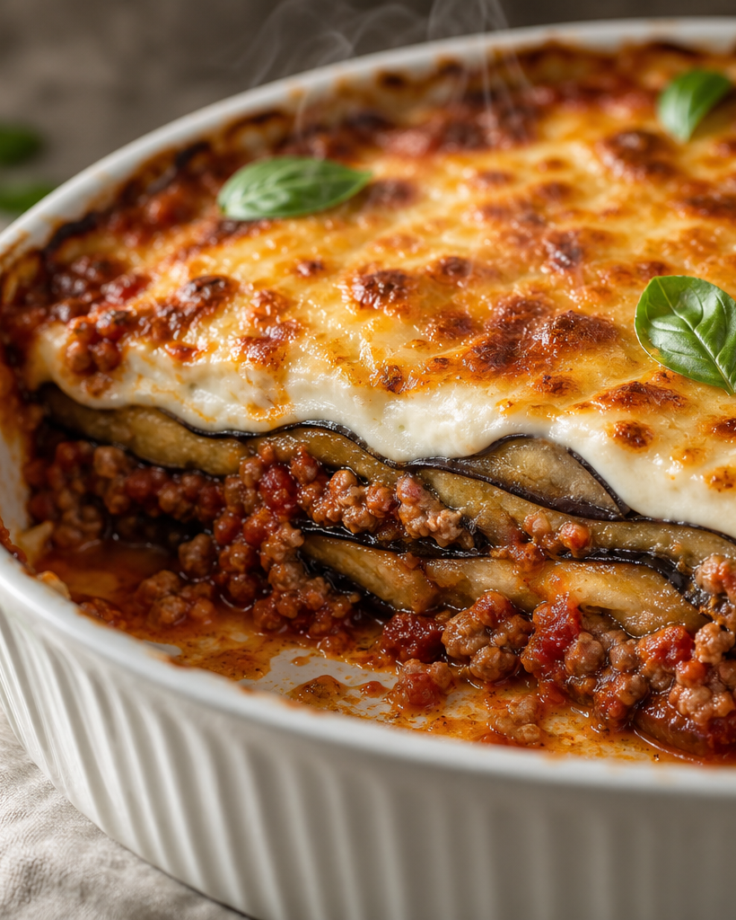 Moussaka cétogène avec couches d'aubergines, sauce tomate et béchamel gratinée au fromage, dans un plat à gratin.