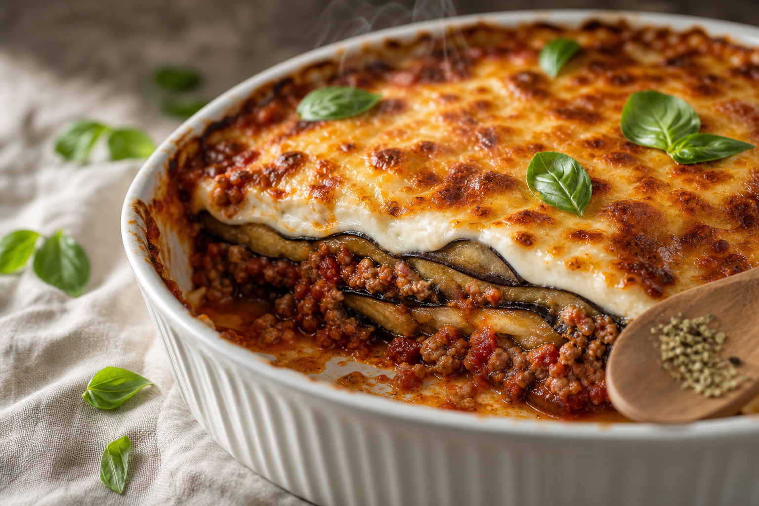 Moussaka cétogène avec couches d'aubergines, sauce tomate et béchamel gratinée au fromage, dans un plat à gratin.