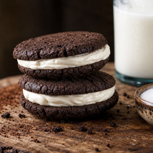 Oreos keto faits maison avec crème blanche, posés sur une planche en bois, avec un verre de lait d'amande en arrière-plan.