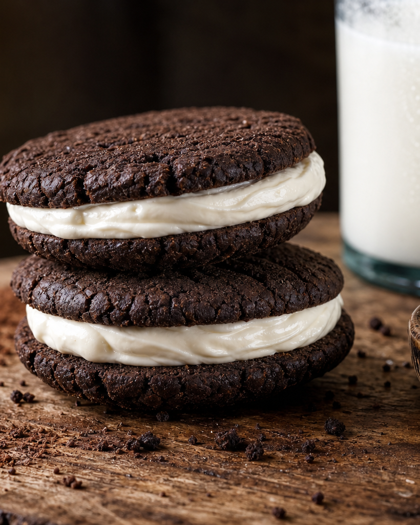 Oreos keto faits maison avec crème blanche, posés sur une planche en bois, avec un verre de lait d'amande en arrière-plan.