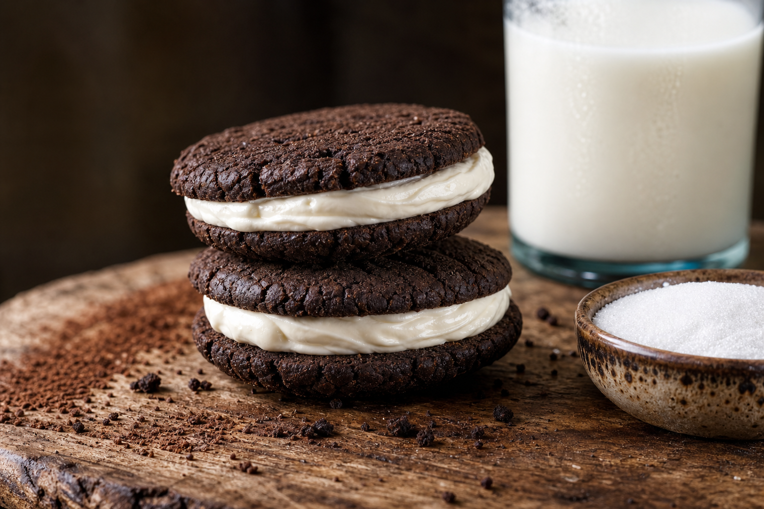 Oreos keto faits maison avec crème blanche, posés sur une planche en bois, avec un verre de lait d'amande en arrière-plan.