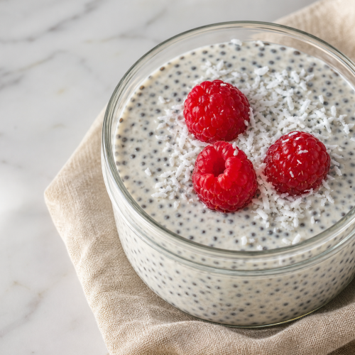 Pudding kéto crémeux aux graines de chia, garni de framboises et de noix de coco, dans un bol en verre.