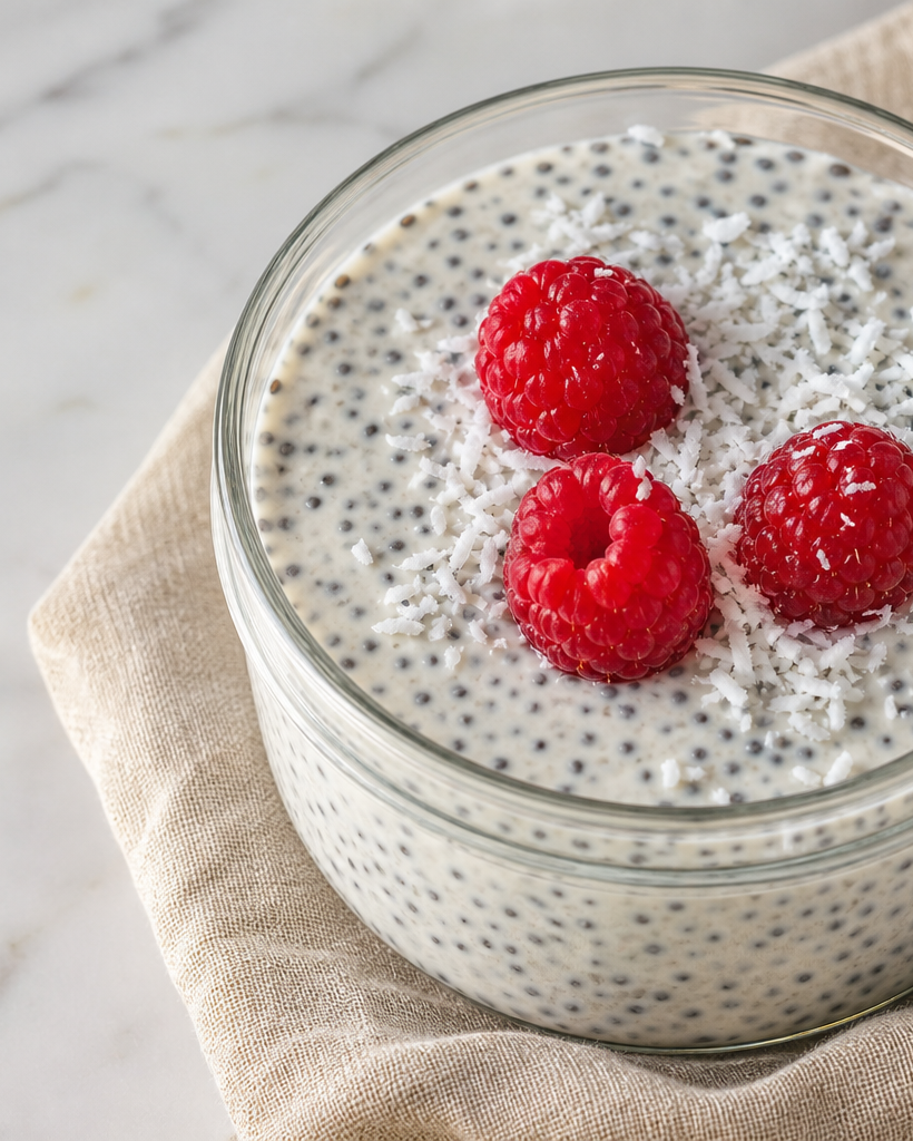 Pudding kéto crémeux aux graines de chia, garni de framboises et de noix de coco, dans un bol en verre.