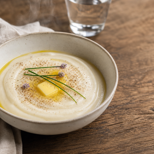 Bol de purée de céleri-rave onctueuse garnie de beurre, muscade et ciboulette, sur une table en bois
