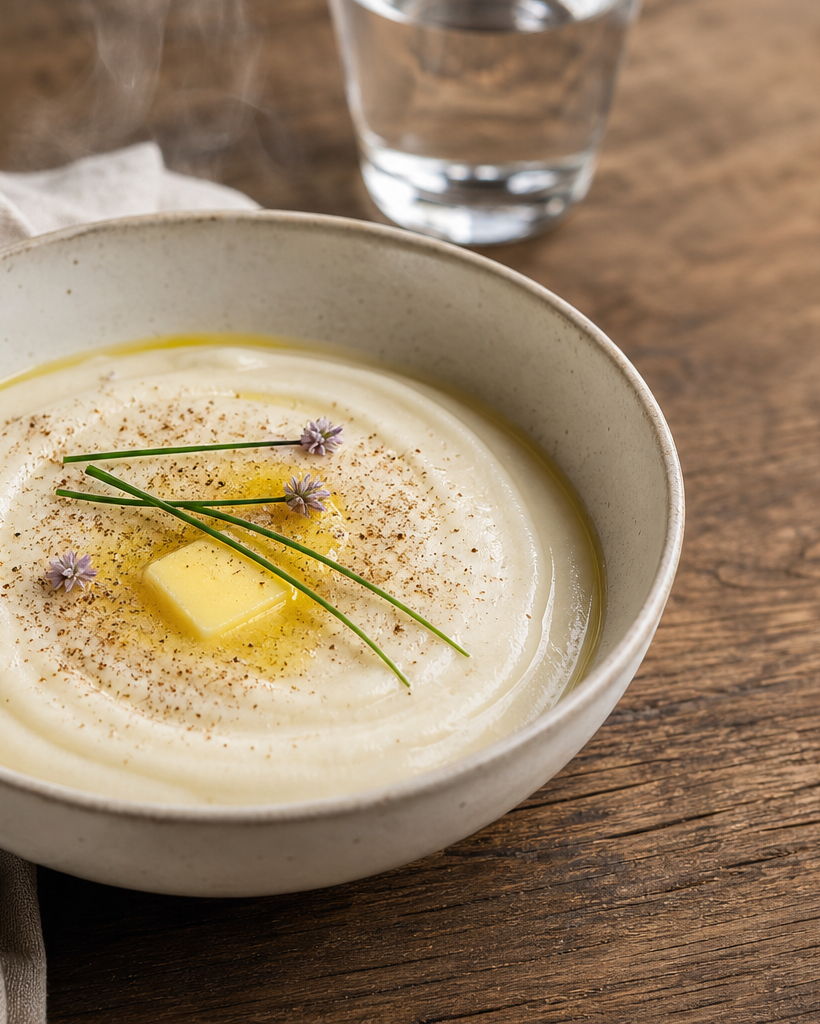 Bol de purée de céleri-rave onctueuse garnie de beurre, muscade et ciboulette, sur une table en bois