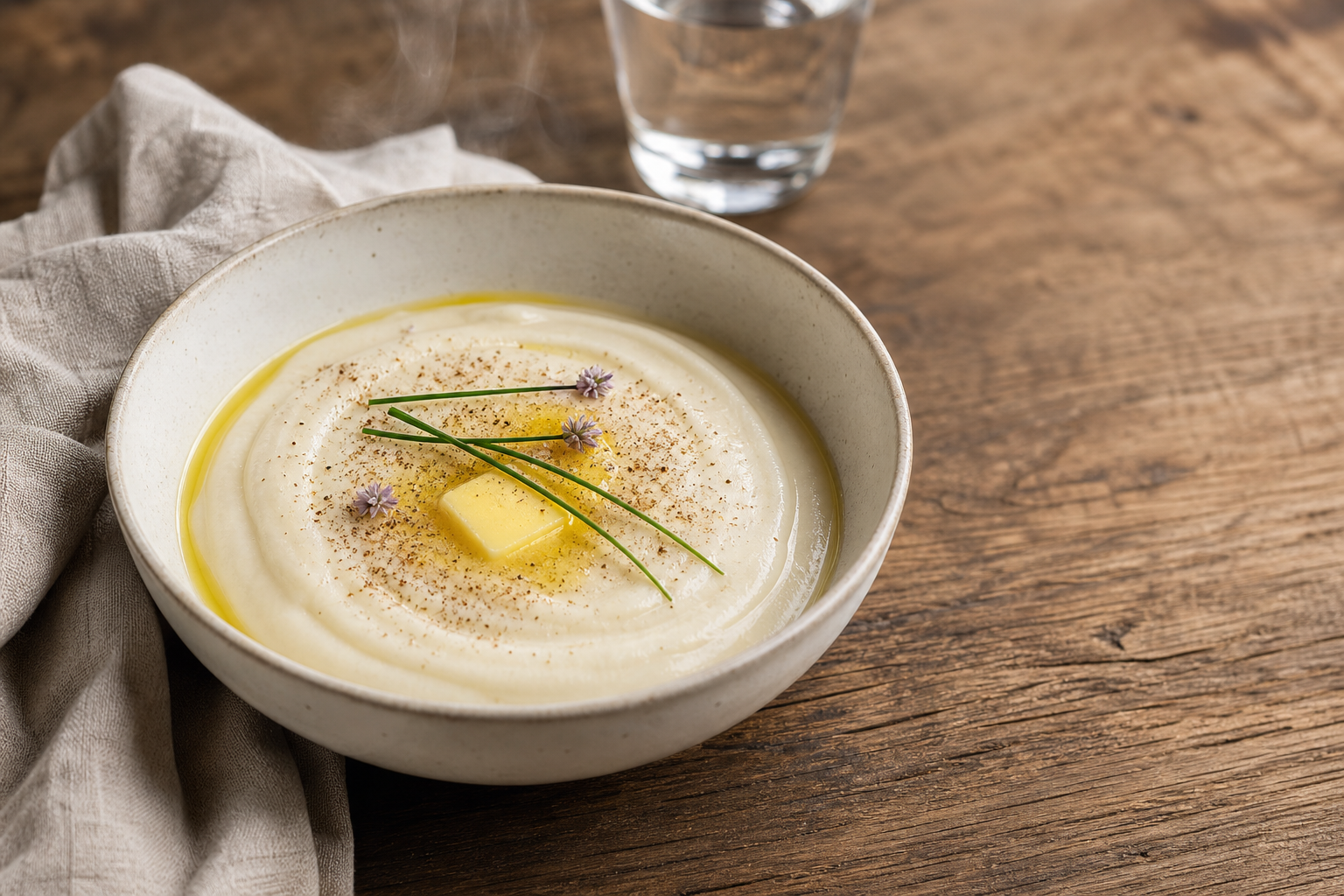 Bol de purée de céleri-rave onctueuse garnie de beurre, muscade et ciboulette, sur une table en bois