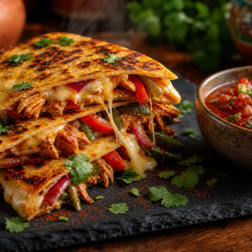 Quesadilla au poulet cétogène coupée en parts, avec fromage fondant et garniture aux poivrons, sur une assiette en ardoise