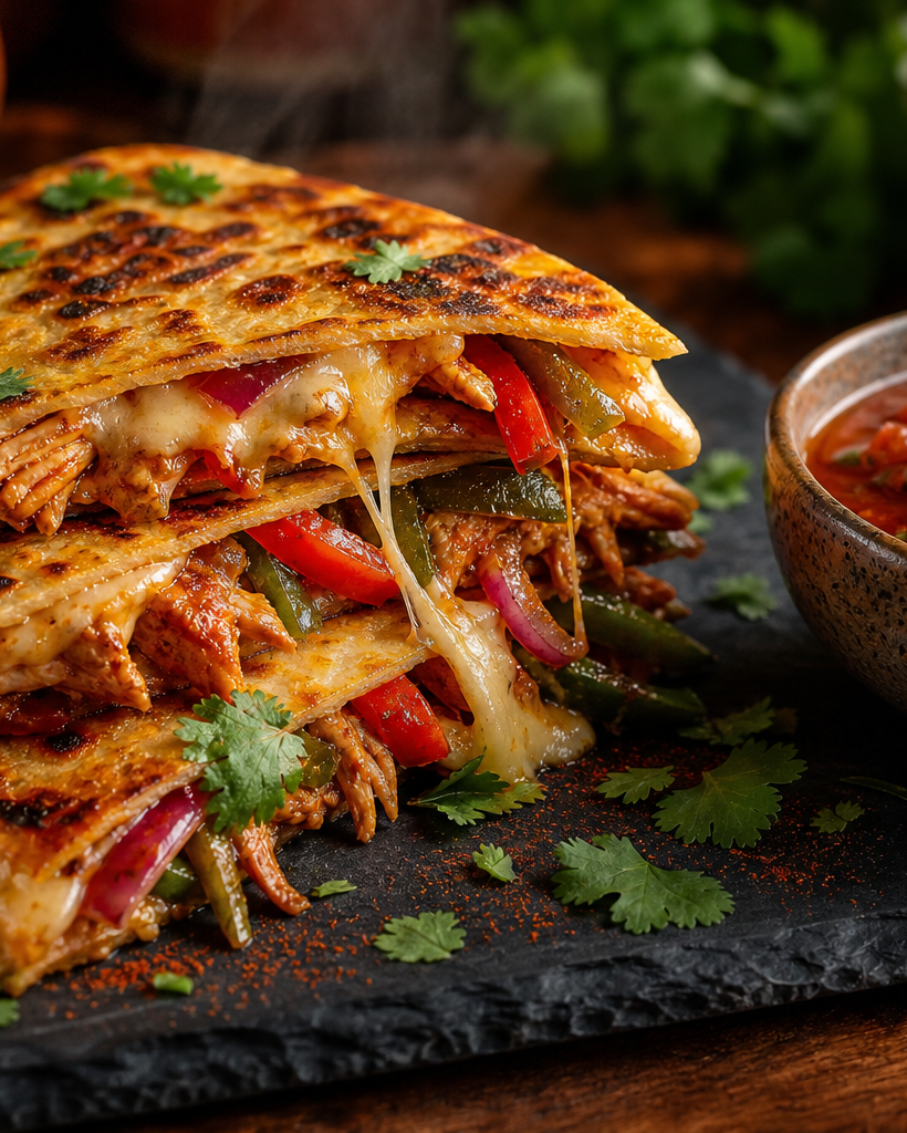 Quesadilla au poulet cétogène coupée en parts, avec fromage fondant et garniture aux poivrons, sur une assiette en ardoise
