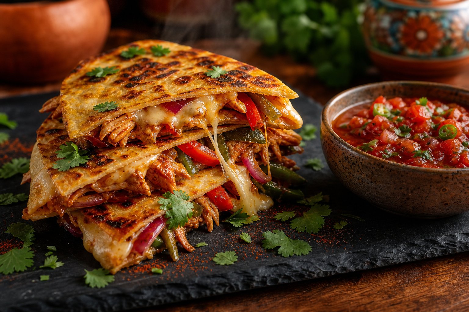 Quesadilla au poulet cétogène coupée en parts, avec fromage fondant et garniture aux poivrons, sur une assiette en ardoise