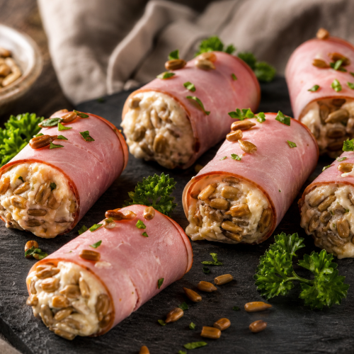 Roulés de jambon garnis de fromage fondant et de graines de tournesol torréfiées, présentés sur une ardoise.