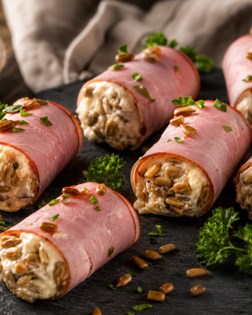 Roulés de jambon garnis de fromage fondant et de graines de tournesol torréfiées, présentés sur une ardoise.