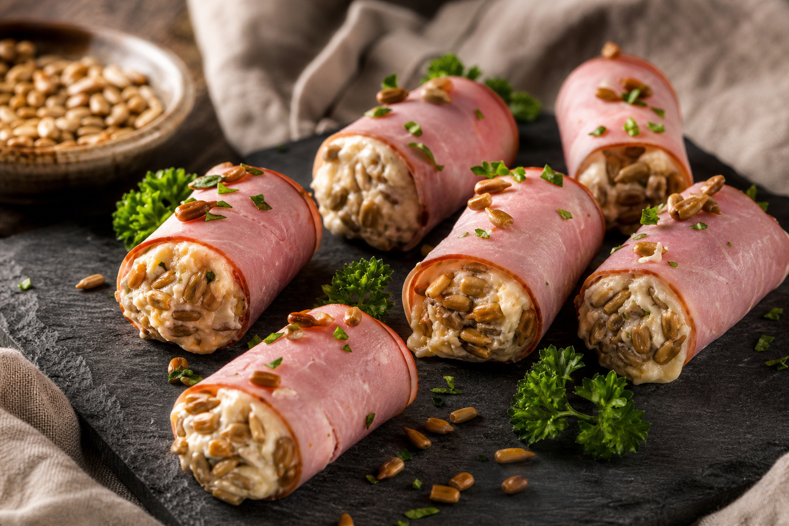 Roulés de jambon garnis de fromage fondant et de graines de tournesol torréfiées, présentés sur une ardoise.