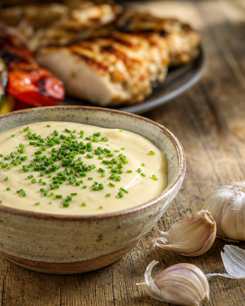 Bol de sauce à l'ail kéto crémeuse, garnie de ciboulette fraîche, sur une table en bois rustique.