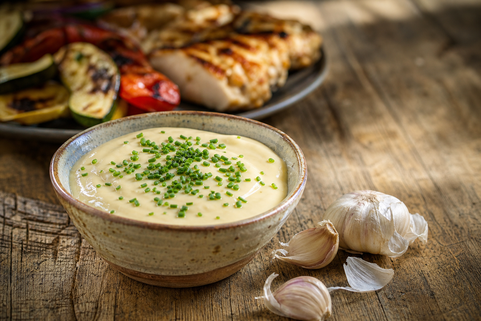 Bol de sauce à l'ail kéto crémeuse, garnie de ciboulette fraîche, sur une table en bois rustique.