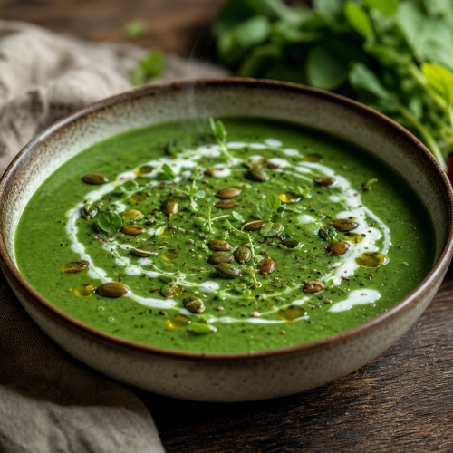 Bol de soupe aux fanes de radis, velouté vert garni de graines de courge et d'un filet de crème.