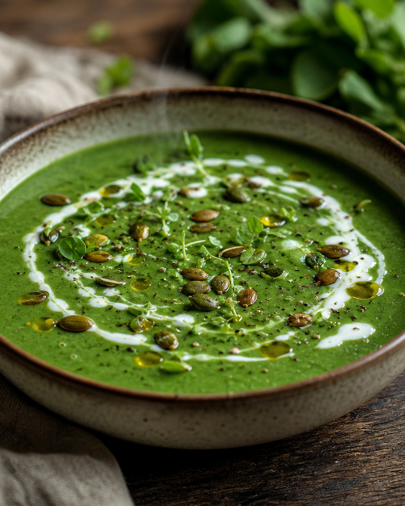 Bol de soupe aux fanes de radis, velouté vert garni de graines de courge et d'un filet de crème.