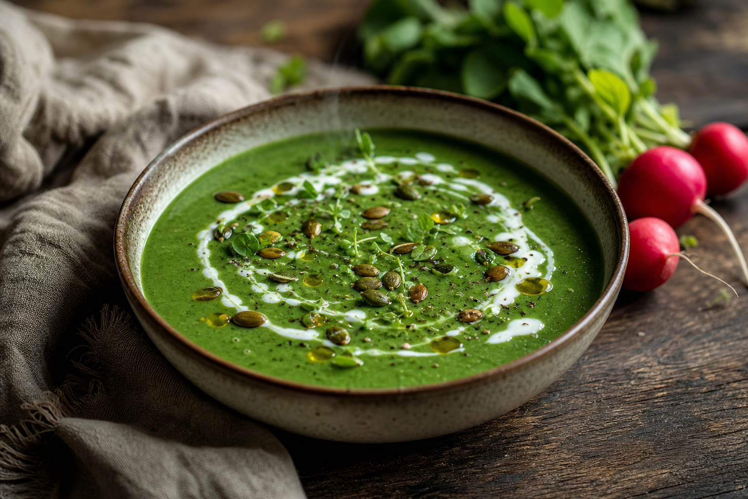 Bol de soupe aux fanes de radis, velouté vert garni de graines de courge et d'un filet de crème.