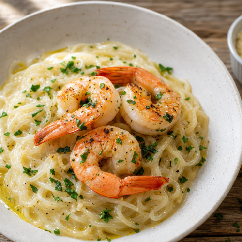 Bol de spaghetti shirataki crémeux à l'ail garni de crevettes roses et de persil frais