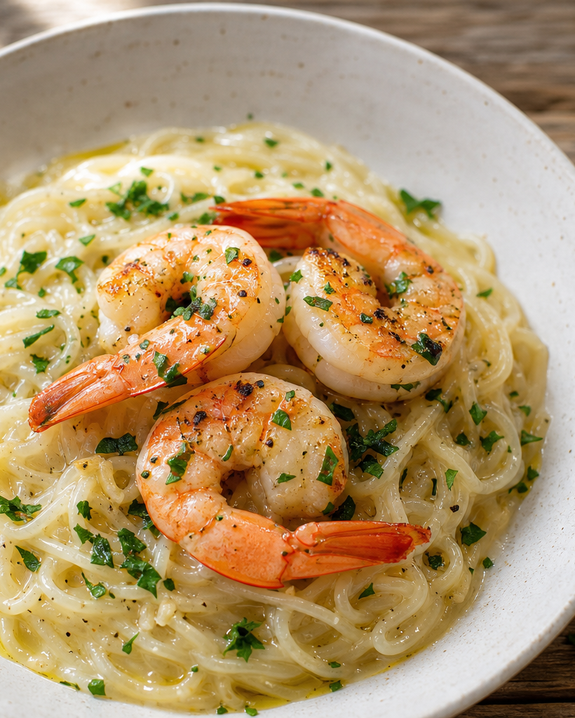 Bol de spaghetti shirataki crémeux à l'ail garni de crevettes roses et de persil frais