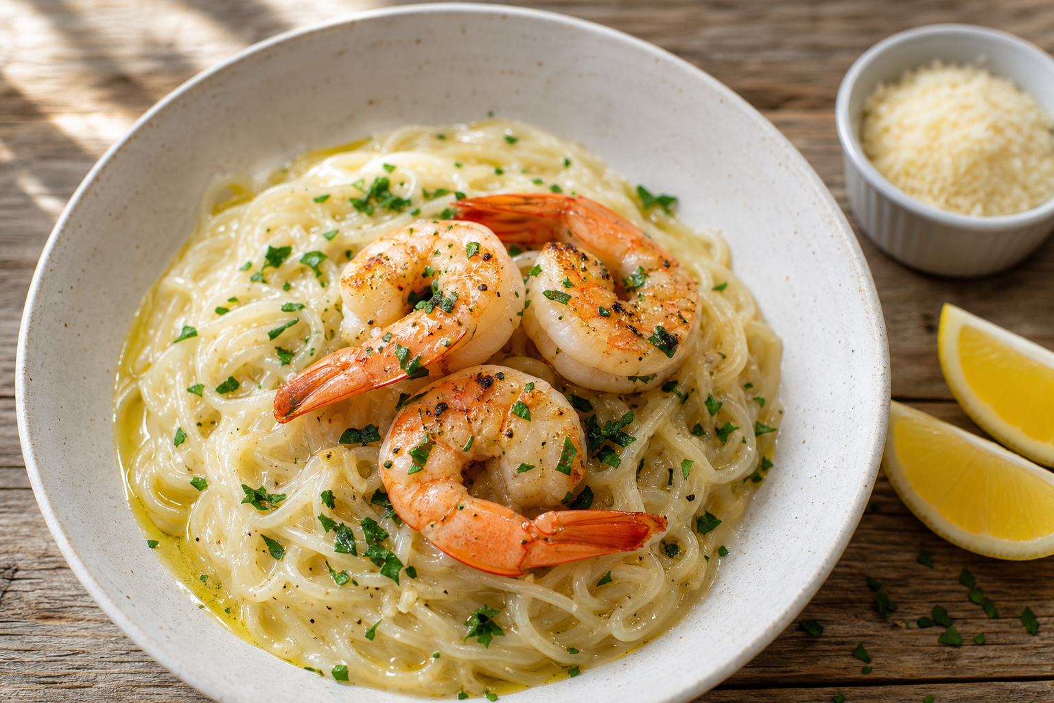 Bol de spaghetti shirataki crémeux à l'ail garni de crevettes roses et de persil frais