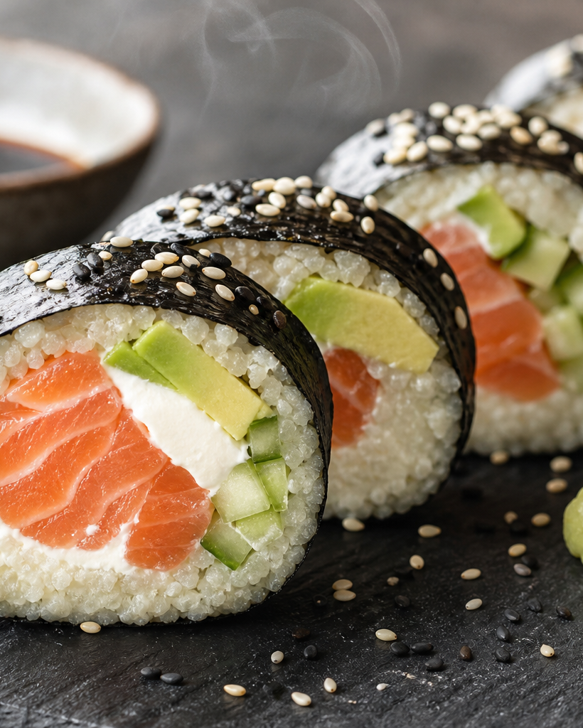 Sushis keto sans riz, à base de purée de chou-fleur, garnis de saumon, d’avocat et de concombre, enveloppés de nori.