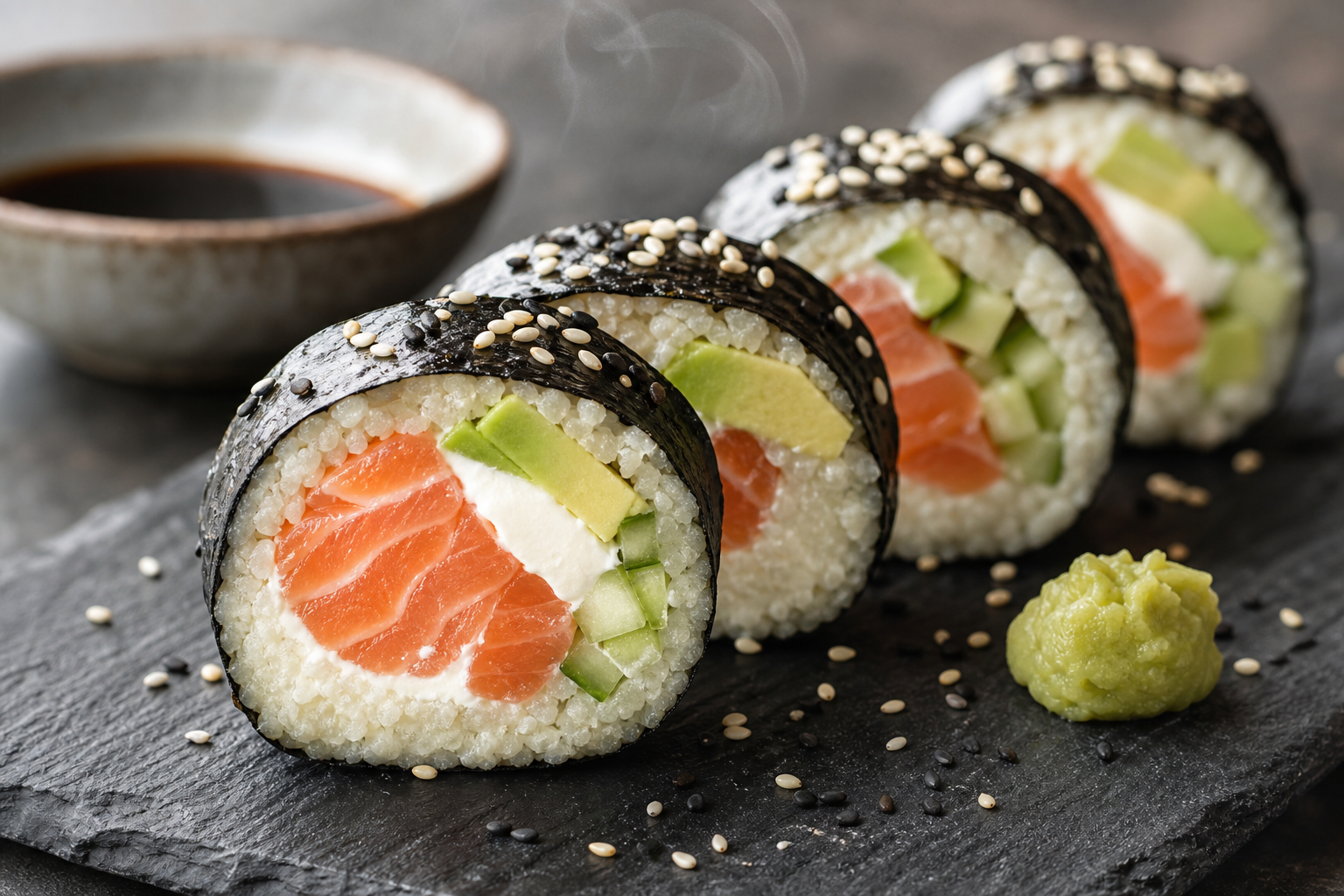 Sushis keto sans riz, à base de purée de chou-fleur, garnis de saumon, d’avocat et de concombre, enveloppés de nori.