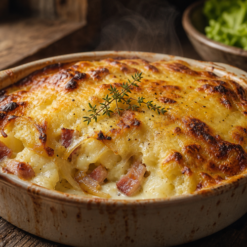 Tartiflette cétogène au chou-fleur gratinée avec du reblochon fondu dans un plat à gratin en céramique.