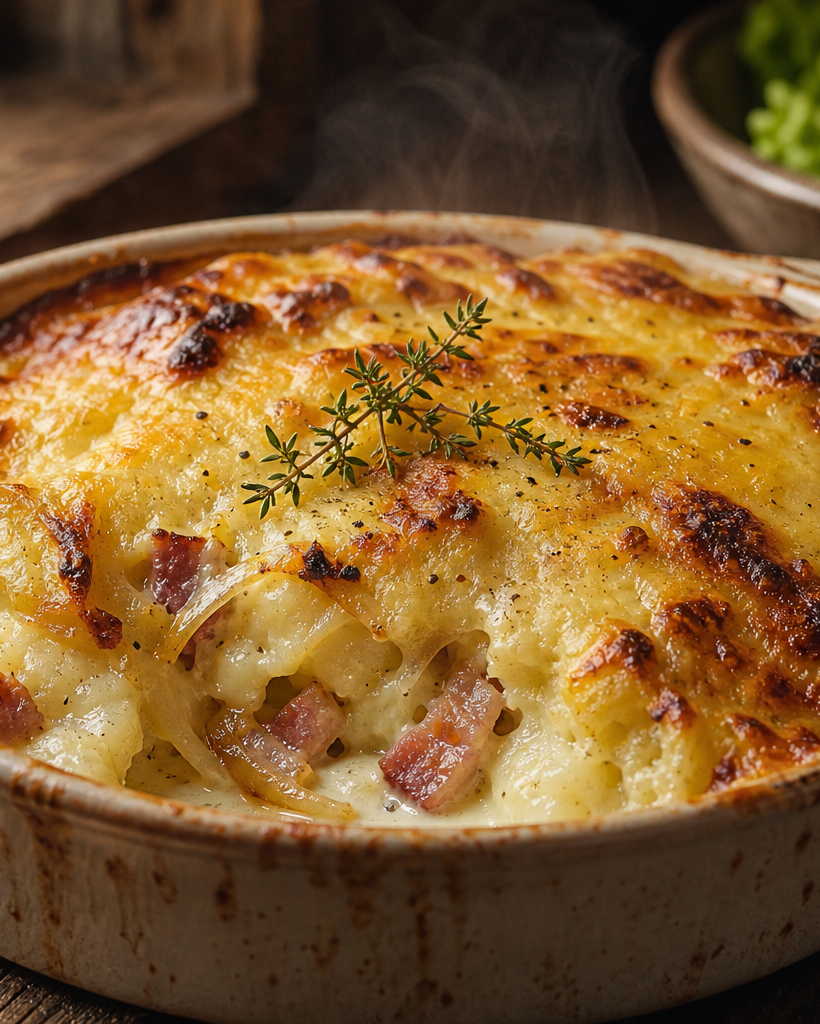 Tartiflette cétogène au chou-fleur gratinée avec du reblochon fondu dans un plat à gratin en céramique.