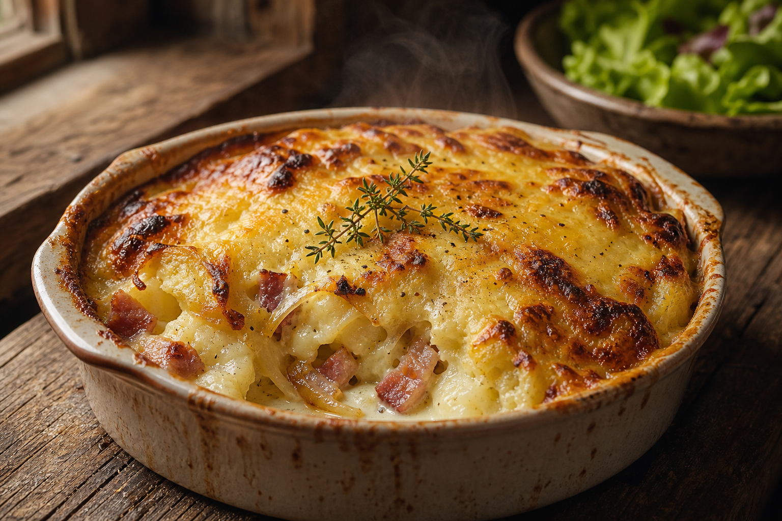 Tartiflette cétogène au chou-fleur gratinée avec du reblochon fondu dans un plat à gratin en céramique.