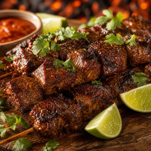 Brochettes d'anticuchos péruviens, cubes de cœur de bœuf grillés et marinés, servies sur une planche en bois avec citron vert