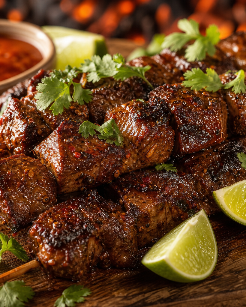 Brochettes d'anticuchos péruviens, cubes de cœur de bœuf grillés et marinés, servies sur une planche en bois avec citron vert