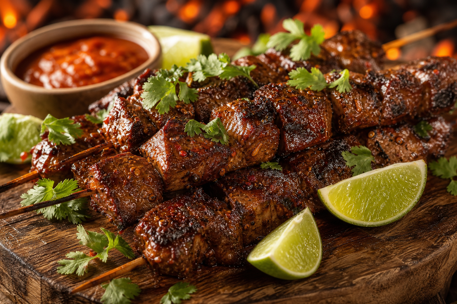 Brochettes d'anticuchos péruviens, cubes de cœur de bœuf grillés et marinés, servies sur une planche en bois avec citron vert