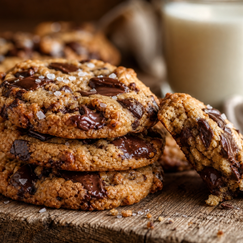 Cookies cétogènes moelleux dorés avec des pépites de chocolat noir, empilés sur une planche en bois.
