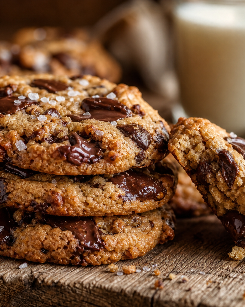 Cookies cétogènes moelleux dorés avec des pépites de chocolat noir, empilés sur une planche en bois.