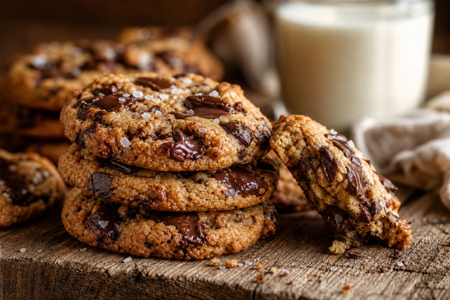 Cookies cétogènes moelleux dorés avec des pépites de chocolat noir, empilés sur une planche en bois.