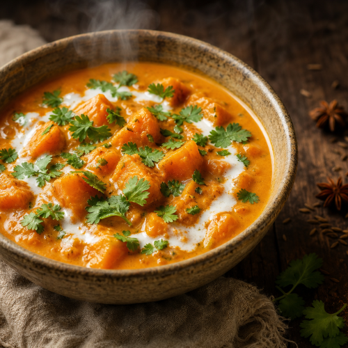 Bol de curry de courge butternut cétogène, crémeux et garni de coriandre fraîche