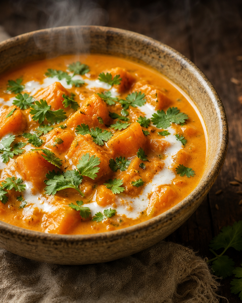 Bol de curry de courge butternut cétogène, crémeux et garni de coriandre fraîche