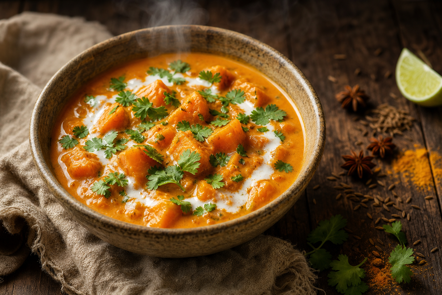 Bol de curry de courge butternut cétogène, crémeux et garni de coriandre fraîche