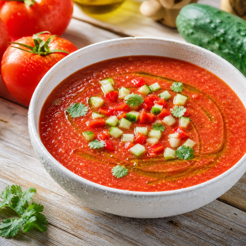 Bol de gaspacho cétogène rouge vif, garni de dés de concombre et d'un filet d'huile d'olive